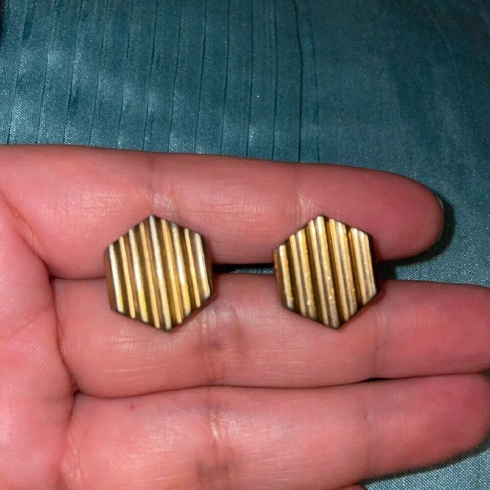 Swank hexagon stripe ribbed Gold Tone‎ Cufflinks Vintage Textured Geometric